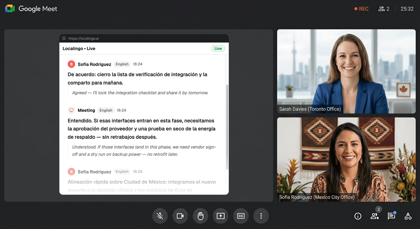 Localingo running in Picture-in-Picture mode alongside Google Meet